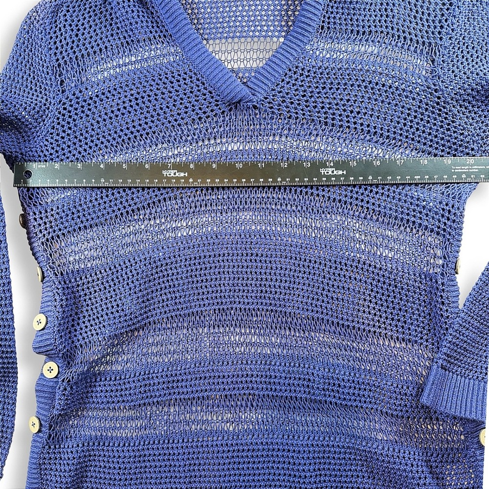 Paradise Shores Blue Open Knit Crochet Hoodie Sweater Side Button Cotton Large - Picture 4 of 7